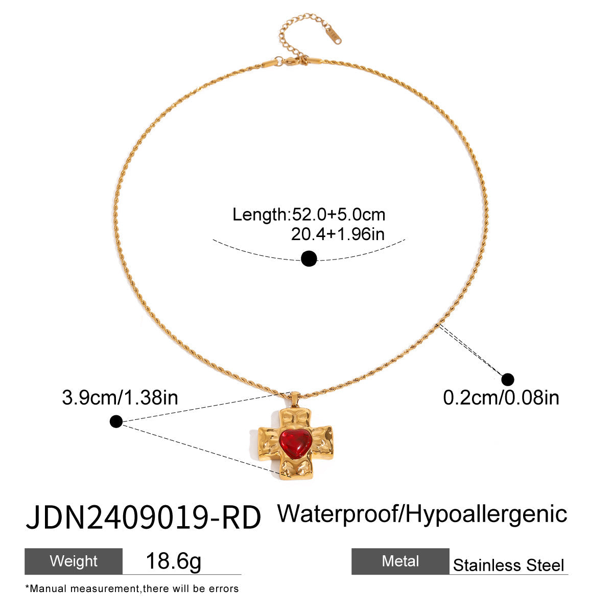 18k Gold Red Heart-shaped Zircon Cross Necklace