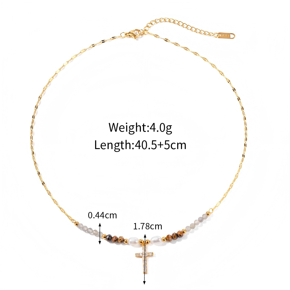 18k Gold Cross Pearl Zirconia Necklace