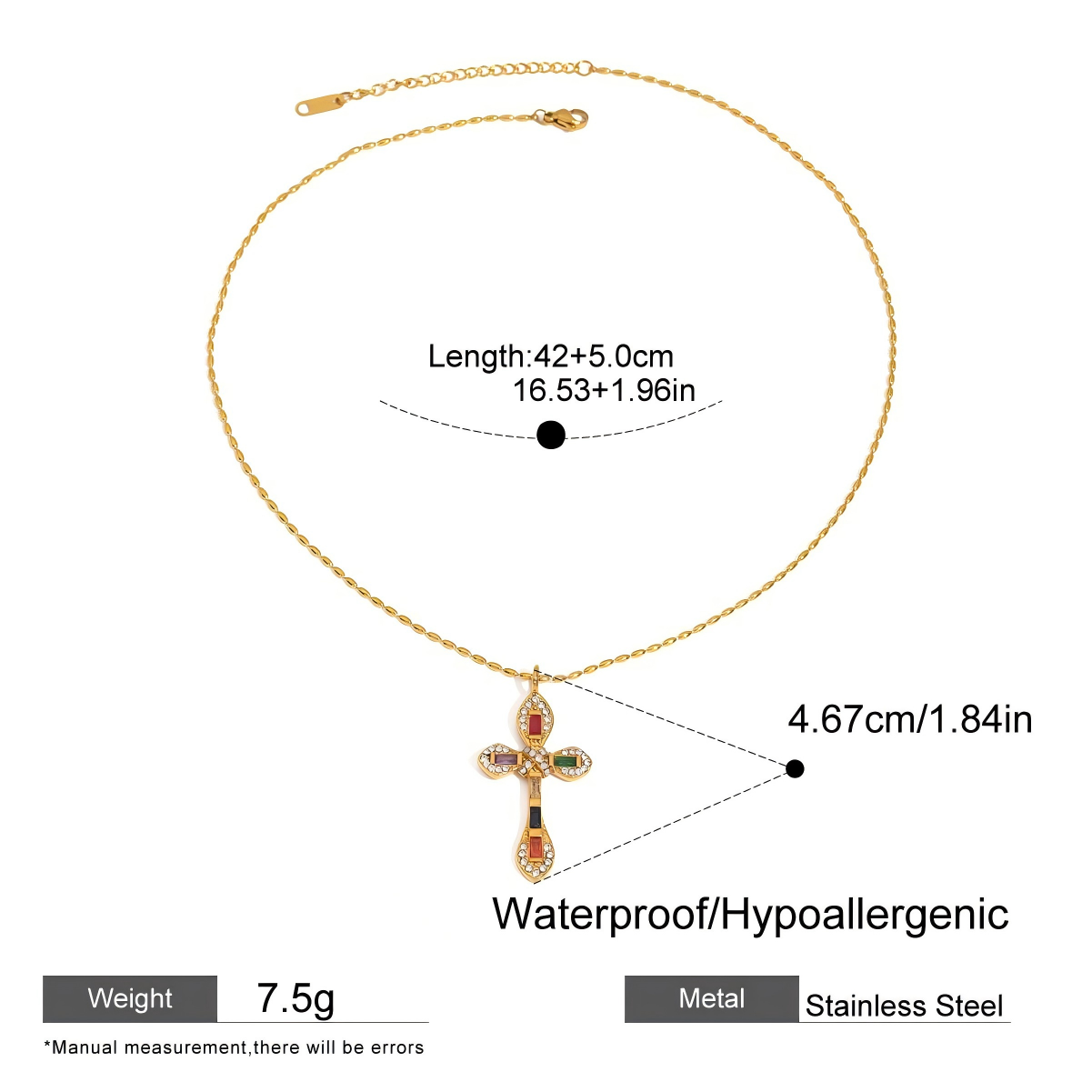 Multi-jewel 18K Gold Titanium Steel Cross Necklace