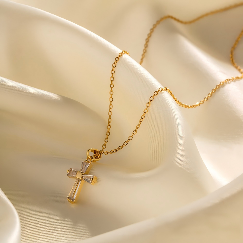 18K Gold Stainless Steel Zirconia Elegant Cross Necklace