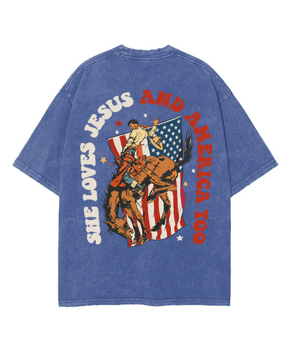 She Loves Jesus And America Too Double Sided Unisex Washed Christian T-shirt