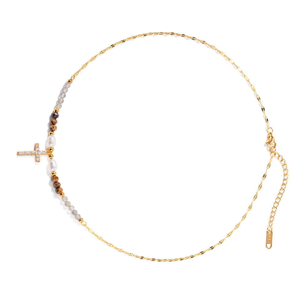 18k Gold Cross Pearl Zirconia Necklace