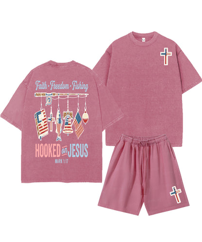Hooked On Jesus Double Sided Unisex Christian Washed T-Shirt & Shorts
