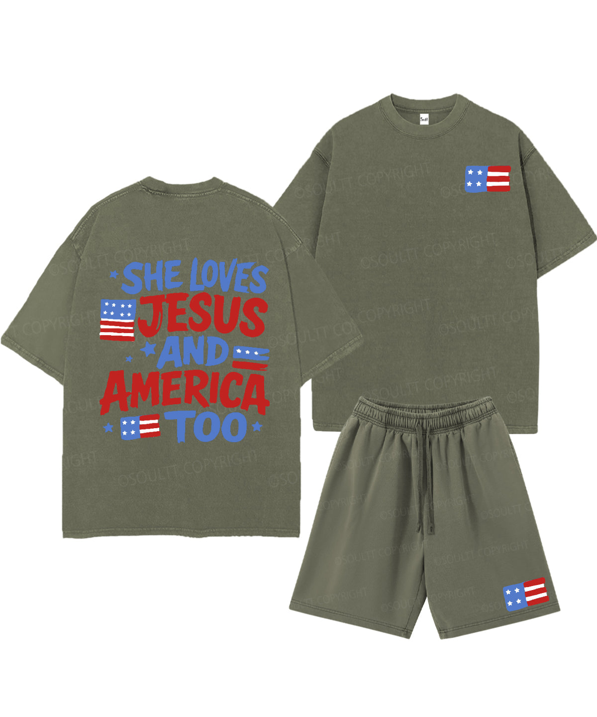 She Loves Jesus And America Too Double Sided Unisex Christian Washed T-Shirt & Shorts