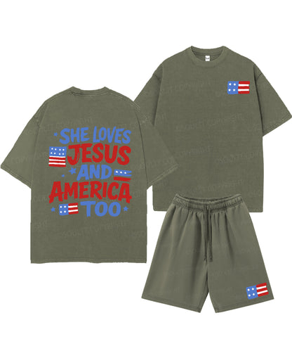 She Loves Jesus And America Too Double Sided Unisex Christian Washed T-Shirt & Shorts