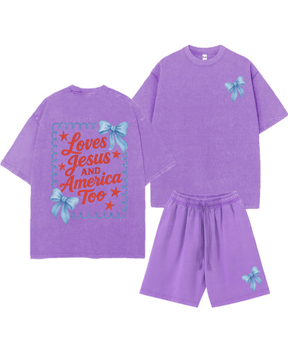 Loves Jesus And America Too Double Sided Unisex Christian Washed T-Shirt & Shorts