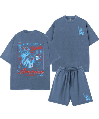 She Loves Jesus And America Too Double Sided Unisex Christian Washed T-Shirt & Shorts