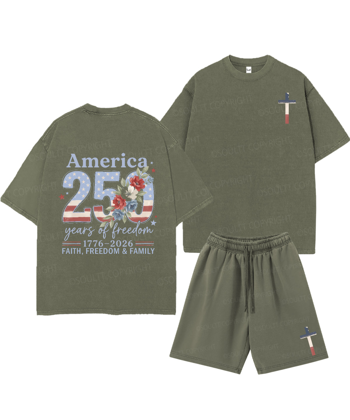 250 Years America Anniversary Double Sided Unisex Christian Washed T-Shirt & Shorts