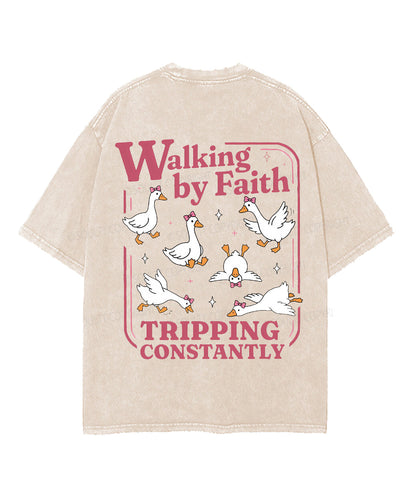 Walking By Faith Tripping Constantly Double Sided Unisex Washed Christian T-shirt