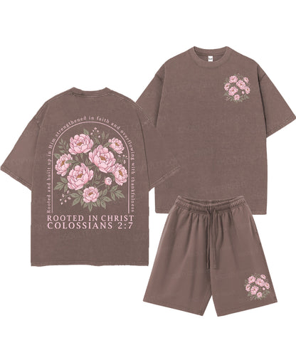 Rooted In Christ Double Sided Unisex Christian Washed T-Shirt & Shorts