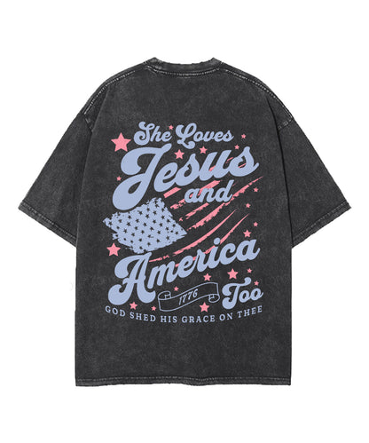 Love Jesus And America Too Double Sided Unisex Washed Christian T-shirt