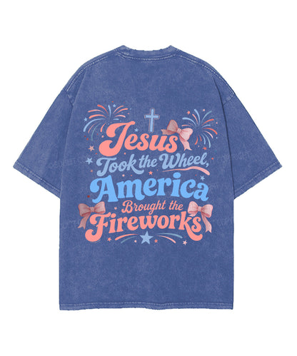 Jesus Took The Wheel America Double Sided Unisex Washed Christian T-shirt