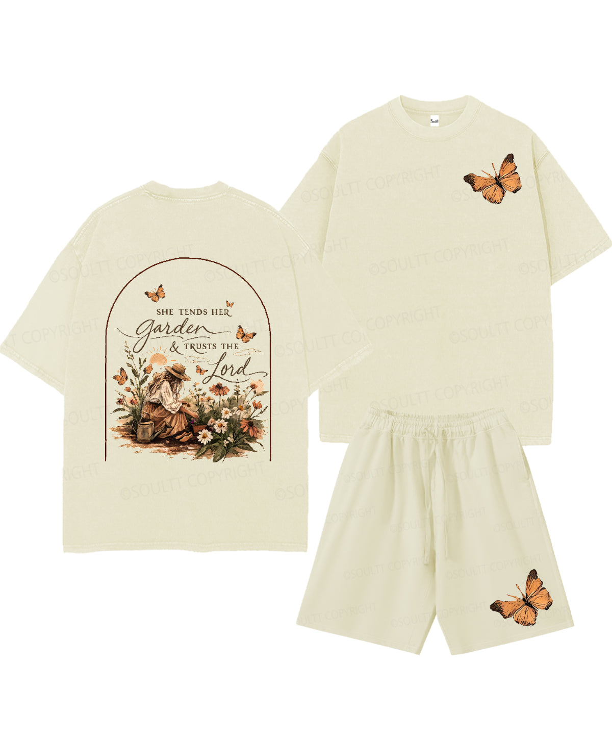 She Tends Her Garden Double Sided Unisex Christian Washed T-Shirt & Shorts
