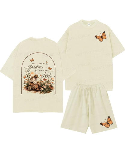 She Tends Her Garden Double Sided Unisex Christian Washed T-Shirt & Shorts