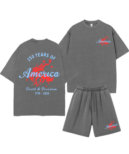 250 Years America Anniversary Double Sided Unisex Christian Washed T-Shirt & Shorts