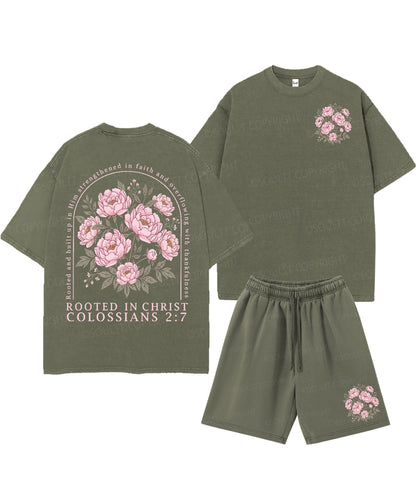 Rooted In Christ Double Sided Unisex Christian Washed T-Shirt & Shorts