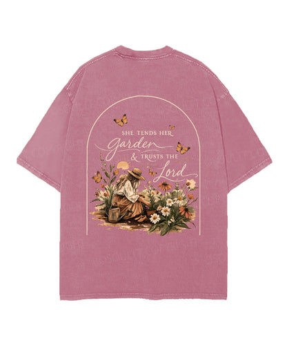 She Tends Her Garden Double Sided Unisex Christian Washed T-Shirt & Shorts