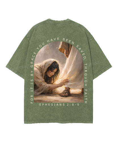 For It Is By Grace You Have Been Saved, Through Faith Double Sided Unisex Washed Christian T-shirt