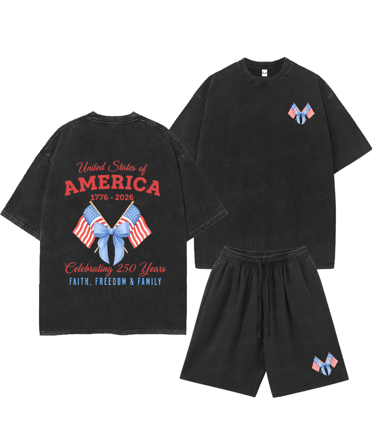 250 Years America Anniversary Double Sided Unisex Christian Washed T-Shirt & Shorts