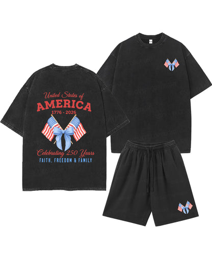 250 Years America Anniversary Double Sided Unisex Christian Washed T-Shirt & Shorts