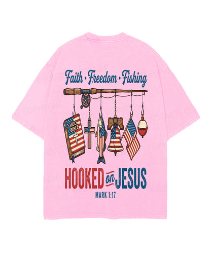 Hooked On Jesus Double Sided Unisex Christian Washed T-Shirt & Shorts