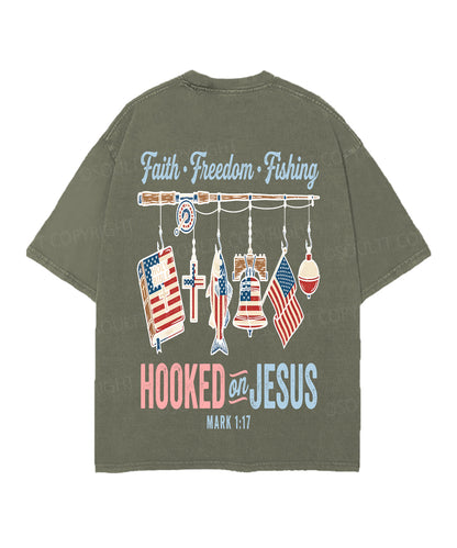 Hooked On Jesus Double Sided Unisex Christian Washed T-Shirt & Shorts