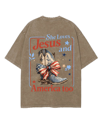 She Loves Jesus And America Too Double Sided Unisex Washed Christian T-shirt