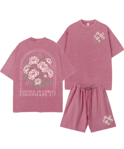 Rooted In Christ Double Sided Unisex Christian Washed T-Shirt & Shorts