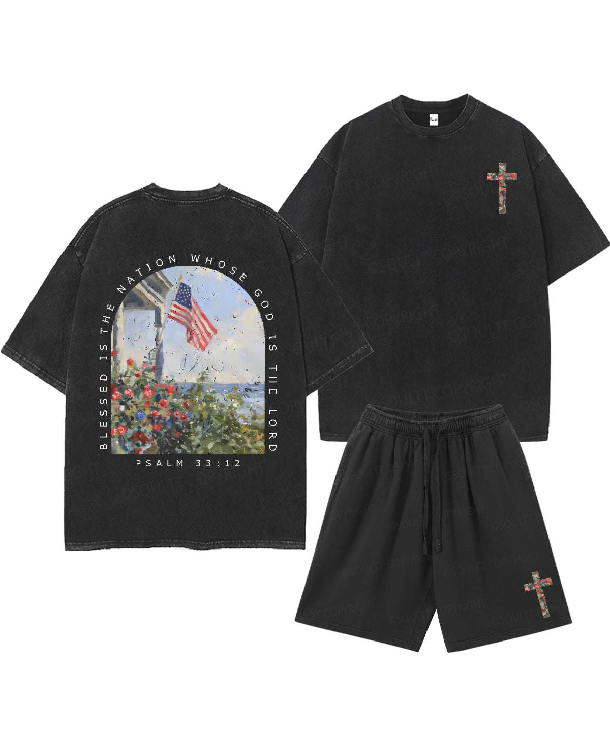 Blessed Is The Nation Whose God Is The Lord Double Sided Unisex Christian Washed T-Shirt & Shorts