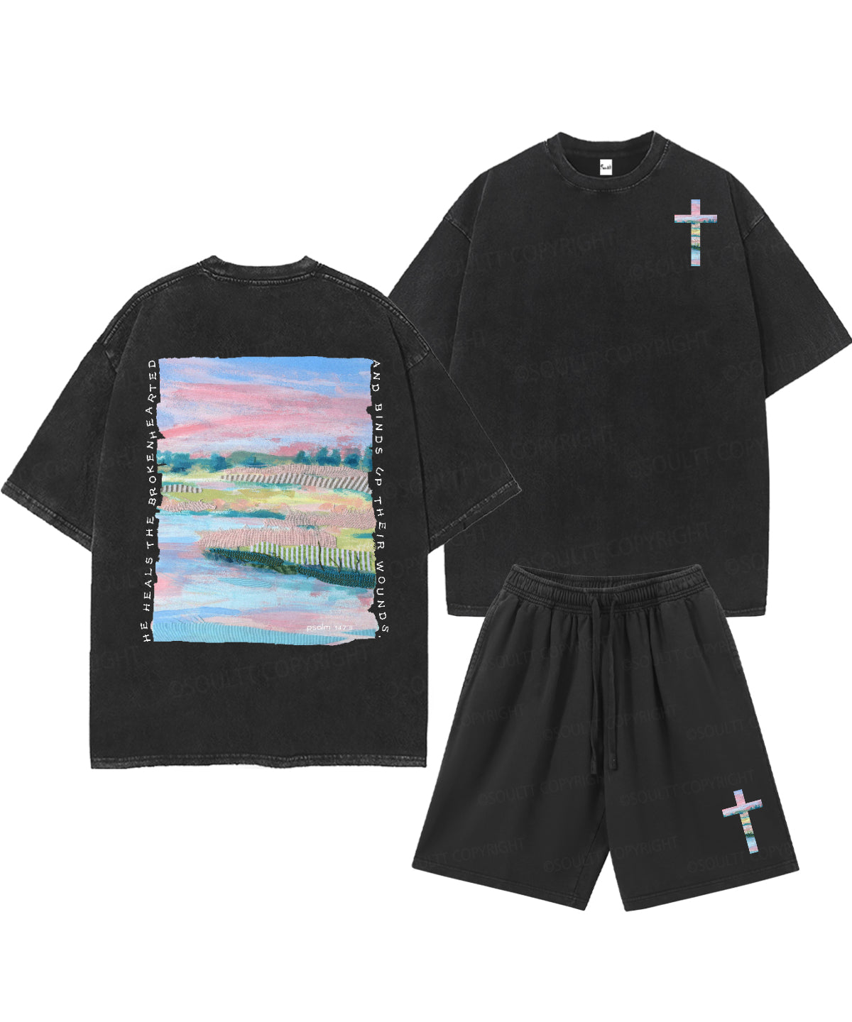 He Heals The Brokenhearted Double Sided Unisex Christian Washed T-Shirt & Shorts