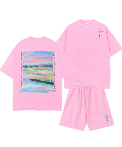 He Heals The Brokenhearted Double Sided Unisex Christian Washed T-Shirt & Shorts
