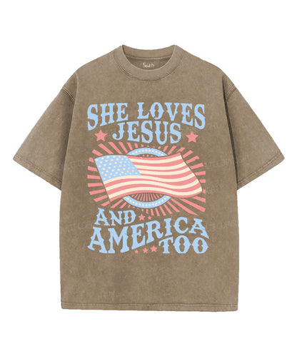 She Loves Jesus And America Too Unisex Washed Christian T-shirt