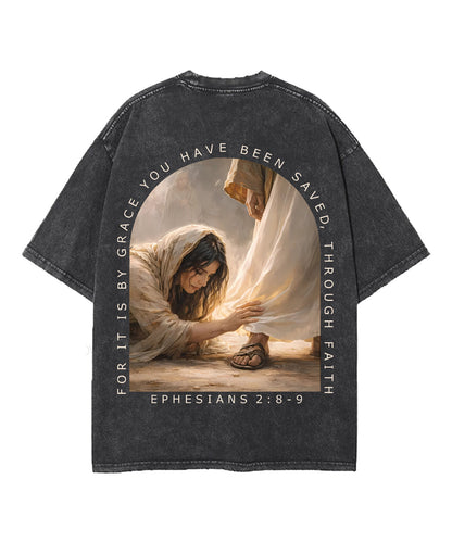 For It Is By Grace You Have Been Saved, Through Faith Double Sided Unisex Washed Christian T-shirt