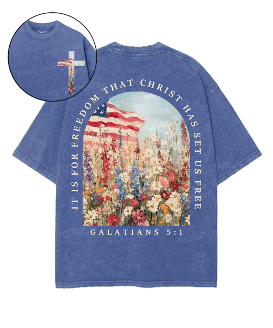 Christ Has Set Us Free Double Sided Unisex Washed Christian T-shirt