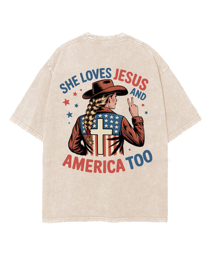 She Loves Jesus And America Too Double Sided Unisex Washed Christian T-shirt
