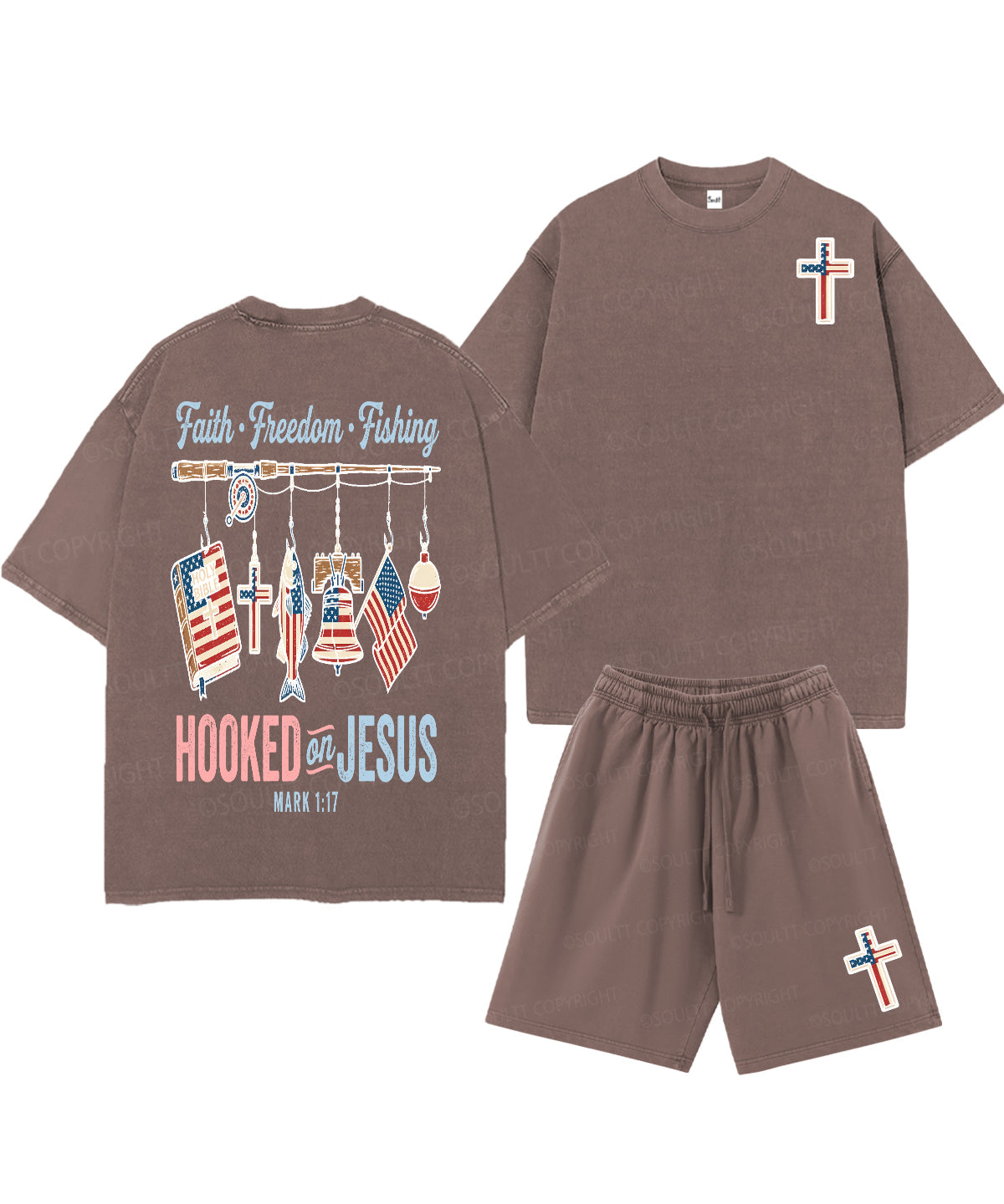 Hooked On Jesus Double Sided Unisex Christian Washed T-Shirt & Shorts