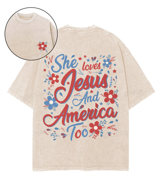 She Loves Jesus And America Double Sided Unisex Washed Christian T-shirt