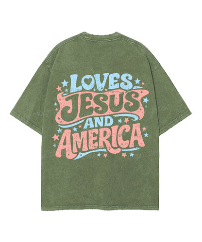 Loves Jesus And America Double Sided Unisex Washed Christian T-shirt