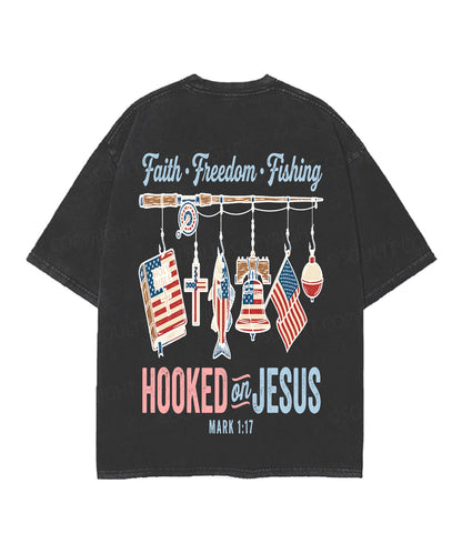 Hooked On Jesus Double Sided Unisex Christian Washed T-Shirt & Shorts