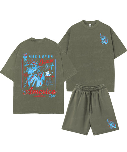 She Loves Jesus And America Too Double Sided Unisex Christian Washed T-Shirt & Shorts