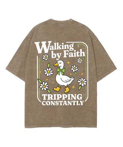 Walking By Faith Tripping Constantly Double Sided Unisex Washed Christian T-shirt