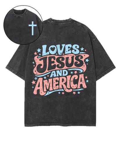 Loves Jesus And America Double Sided Unisex Washed Christian T-shirt