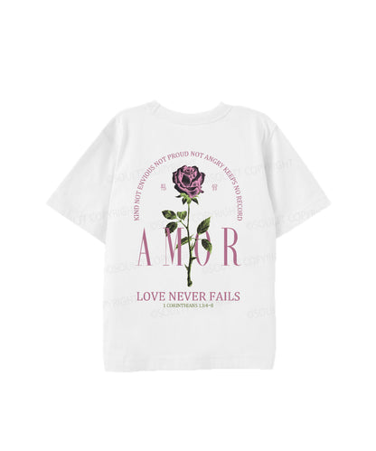 Kids Love Never Fails Double Sided Cotton Christian T-shirt