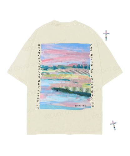He Heals The Brokenhearted Double Sided Unisex Christian Washed T-Shirt & Shorts
