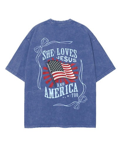 She Loves Jesus And America Too Double Sided Unisex Washed Christian T-shirt