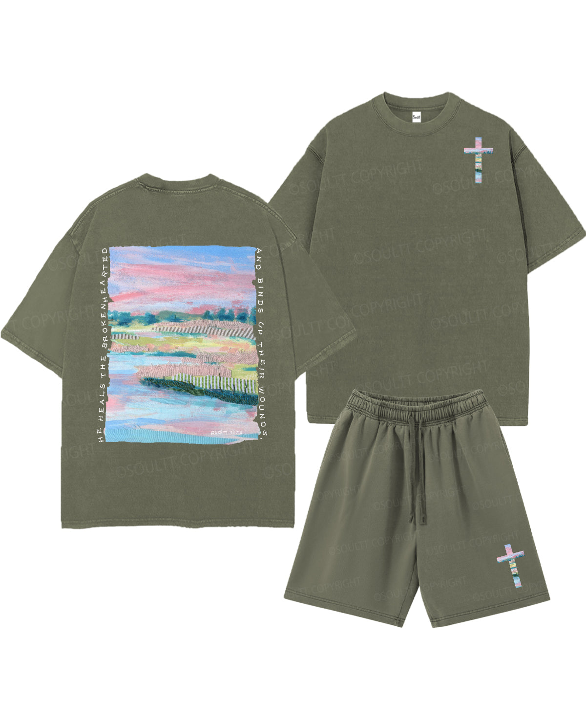 He Heals The Brokenhearted Double Sided Unisex Christian Washed T-Shirt & Shorts
