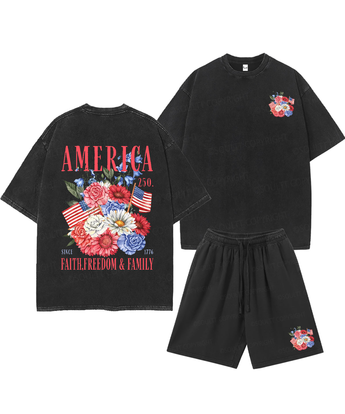 250 Years America Anniversary Double Sided Unisex Christian Washed T-Shirt & Shorts