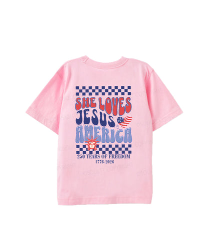 Kids She Loves Jesus And America Double Sided Cotton Christian T-shirt