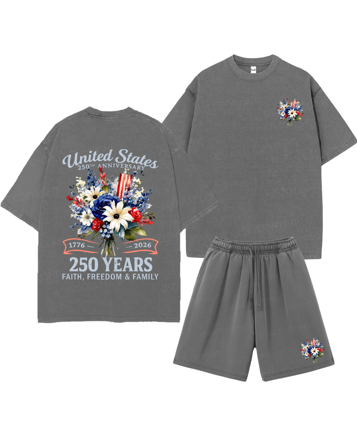 250 Years America Anniversary Double Sided Unisex Christian Washed T-Shirt & Shorts