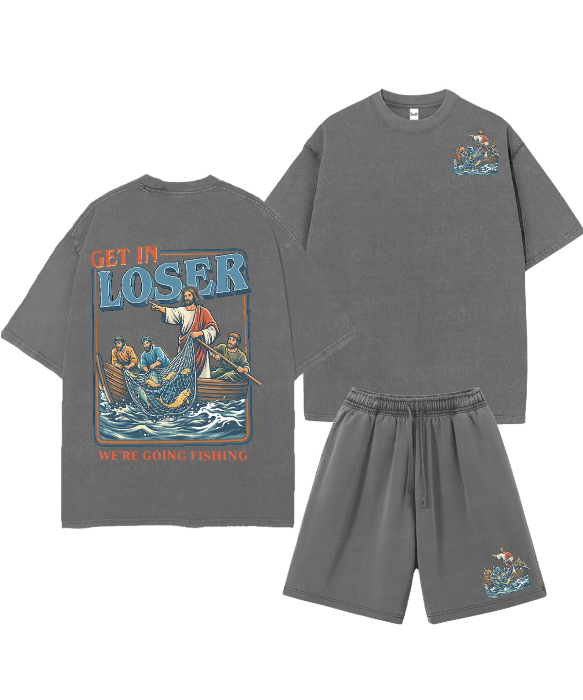 We're Going Fishing Double Sided Unisex Christian Washed T-Shirt & Shorts